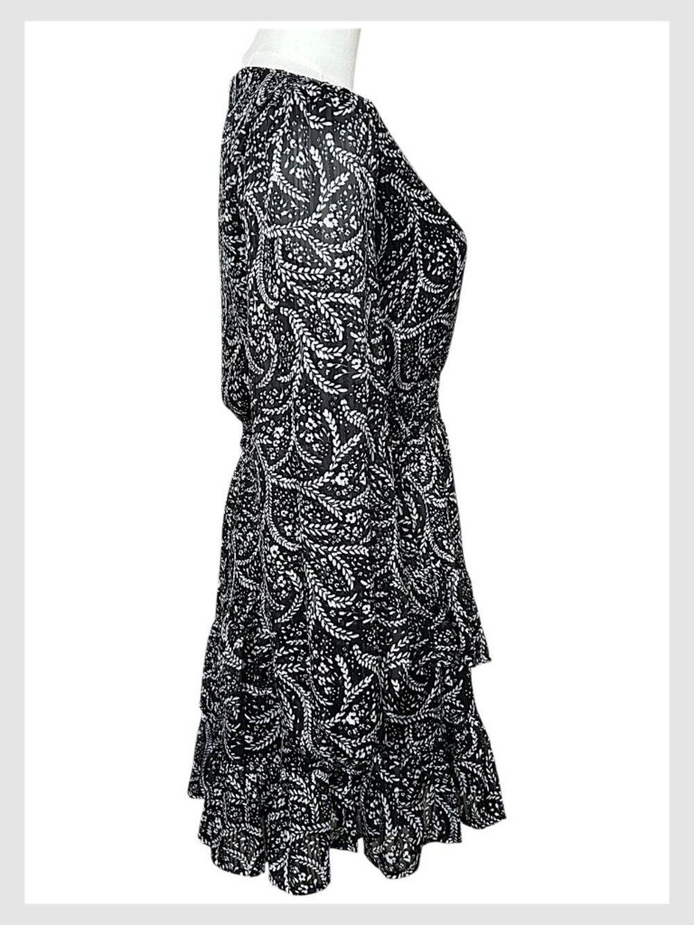 Aqua Black White Floral Ruffle Mini Dress Long Sleeve XS - Picture 5 of 10